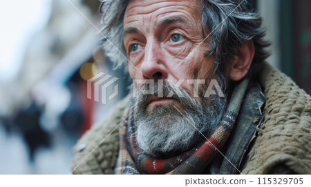 Close-up of an elderly homeless man with a gray beard in winter 115329705