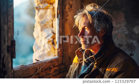 Elderly homeless man with gray hair sitting by a window in an old building at sunset Elderly homeless man with gray hair sitting by a window in an old building at sunset 115329707