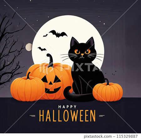 Happy Halloween greeting card or poster with orange pumpkin, black cat and spider. 115329887