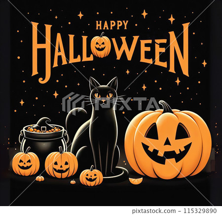 Happy Halloween greeting card or poster with orange pumpkin, black cat and spider. Happy Halloween greeting card or poster with orange pumpkin, black cat and spider. 115329890