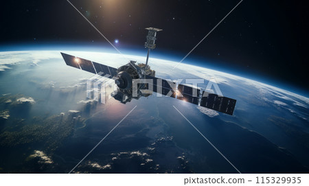 Communications satellite orbiting Earth. Satellite in space. 115329935
