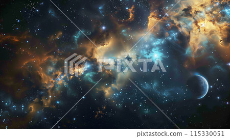 Colorful space galaxy cloud nebula and galaxies in dark space. Starry night sky cosmos universe or milky way, blue yellow background. Colorful space galaxy cloud nebula and galaxies in dark space. Starry night sky cosmos universe or milky way, blue yellow background. 115330051