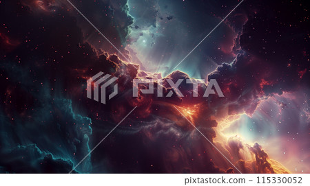 Colorful space galaxy cloud nebula and galaxies in dark space. Starry night sky cosmos universe or milky way, orange red background.1 115330052