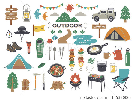 Outdoor camping barbecue icon illustration set 115330063