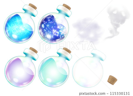 燒瓶中色彩繽紛、可疑的魔法藥水的插圖 115330131