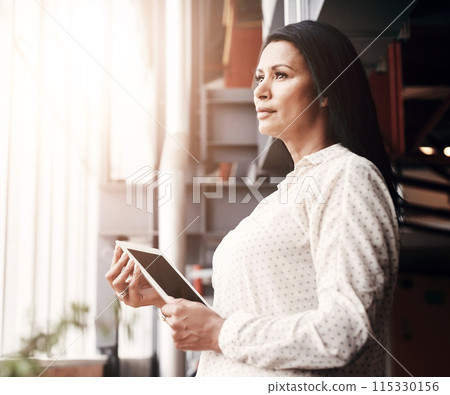 Thinking, tablet and business woman with vision, problem solving or editor planning research on internet in startup. Digital technology, creative and professional with idea or inspiration for project Thinking, tablet and business woman with vision, problem solving or editor planning research on internet in startup. Digital technology, creative and professional with idea or inspiration for project 115330156