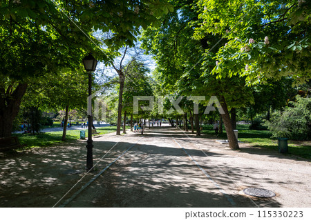 Wide shaded walkways of El Retiro Park in Madrid, Spain on clear sunny morning. Wide shaded walkways of El Retiro Park in Madrid, Spain on clear sunny morning. 115330223