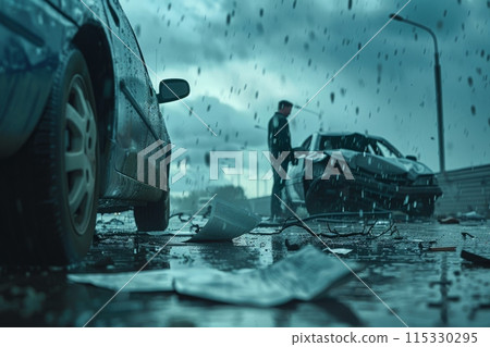 Insurance agent standing at car clash for claim. Auto Insurance 115330295