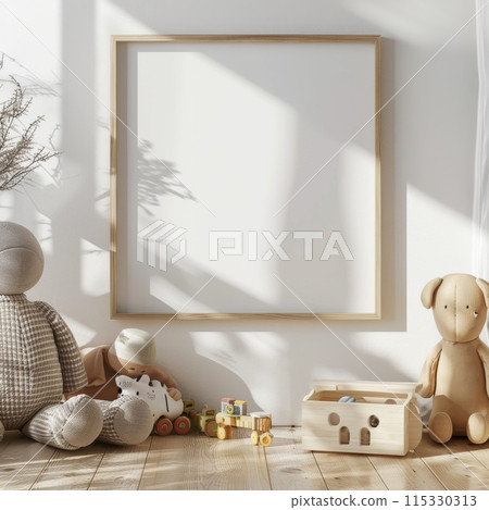 A room with a white wall and a black frame 115330313