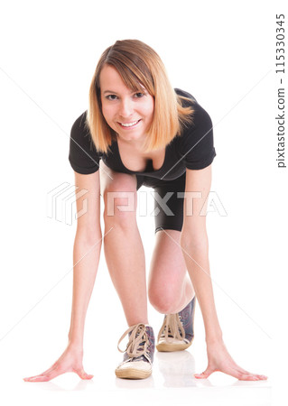Sport Young woman doing exercise isolated on white Sport Young woman doing exercise isolated on white 115330345