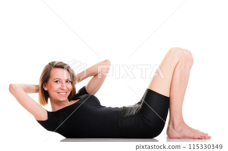 Sport Young woman doing exercise isolated on white 115330349