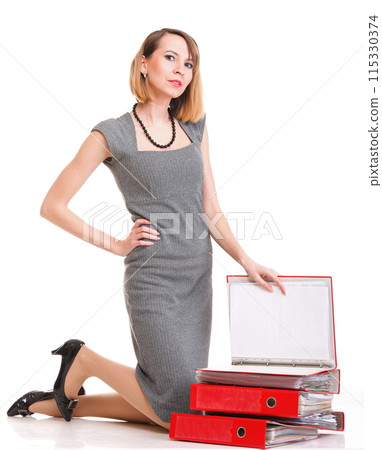 Woman work Overworked businesswoman plenty of documents isolated 115330374