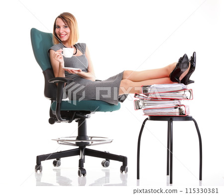 Woman work stoppage businesswoman relaxing legs up plenty of documents isolated 115330381