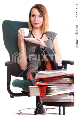 Woman work stoppage businesswoman relaxing legs up plenty of documents isolated Woman work stoppage businesswoman relaxing legs up plenty of documents isolated 115330383