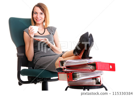 Woman work stoppage businesswoman relaxing legs up plenty of documents isolated Woman work stoppage businesswoman relaxing legs up plenty of documents isolated 115330384