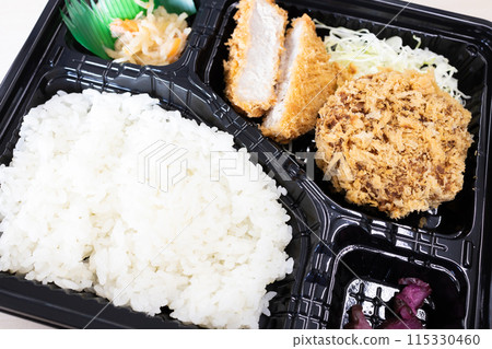 Delicious pork fillet and minced meat cutlet bento 115330460