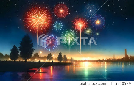 Summer evening: night sky and fireworks by the lake Summer evening: night sky and fireworks by the lake 115330589