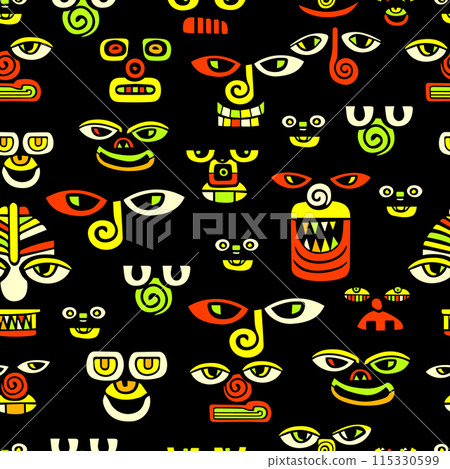 Abstract graphic colored faces seamless pattern on a black background. Ancient Inca mask. hand drawing. Not AI . Vector illustration Abstract graphic colored faces seamless pattern on a black background. Ancient Inca mask. hand drawing. Not AI . Vector illustration 115330599