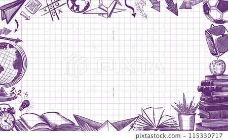Welcome Back to school horizontal banner, doodle on checkered paper background, vector illustration. Drawing with a blue pen on a notebook sheet . Handmade, not AI Vector illustration Welcome Back to school horizontal banner, doodle on checkered paper background, vector illustration. Drawing with a blue pen on a notebook sheet . Handmade, not AI Vector illustration 115330717