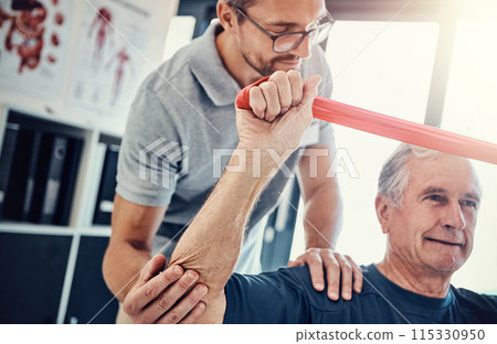 Healthcare, physiotherapist and old man with resistance band, stretching and senior care rehabilitation. Physio, caregiver and elderly patient for mobility training, exercise and help in retirement. 115330950