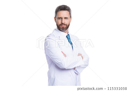 doctor practitioner at hospital. Confident practitioner doctor standing in medical office. general practitioner with medic gown. medicine, healthcare and people concept. cardiology department 115331038
