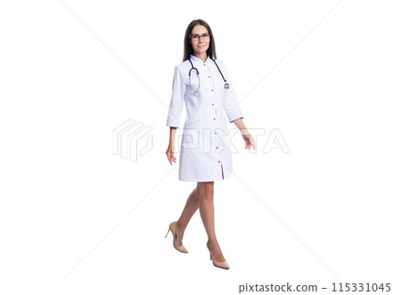 photo of walking cardiologist woman wear white coat. cardiologist woman doctor with stethoscope. photo of walking cardiologist woman wear white coat. cardiologist woman doctor with stethoscope. 115331045