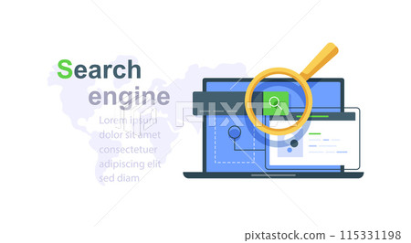 Concept of search engine with laptop computer search input stroke and magnifying glass on world map background flat vector illustration banner 115331198