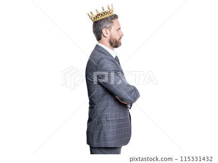 Business leader man in crown. Big boss. Business success and leadership. Successful businessman boss isolated on white. Motivation and reward. Businessman boss in suit. Premium user concept 115331432