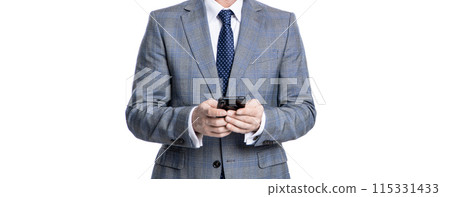 Communication. Businessman texting on phone isolated on white. Business texting message. Online business. Business man in suit use phone. Texting businessman chatting in blog. Business texting 115331433