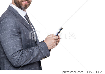 Communication. Businessman texting on phone isolated on white. Business texting message. Online business. Business man in suit use phone. Texting businessman chatting in blog. Dial the number 115331434