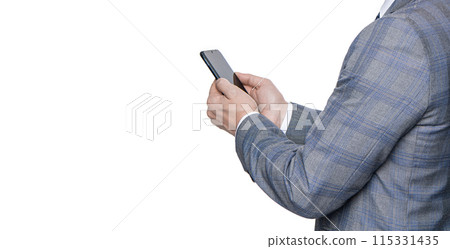Businessman texting on phone isolated on white. Business texting message. Online business. Business man in suit use phone. Texting businessman chatting in blog. Communication. Mobile messaging 115331435
