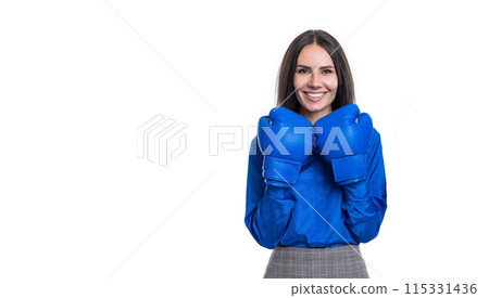 Businesswoman at corporate battle isolated on white. Businesswoman having leadership fight in business. Copy space advertisement. Fighting for leadership in gloves. Business success. Business fight 115331436
