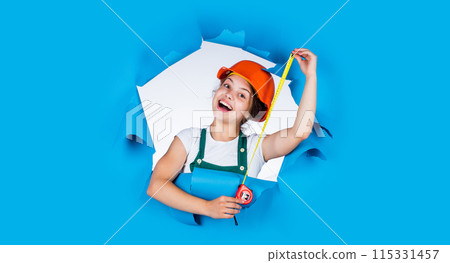 I need help. Little girl using a measuring tape. engineer. happy child hold tape measure. kid builder wear helmet. teen girl in hard hat and uniform. building and construction. concept of repair I need help. Little girl using a measuring tape. engineer. happy child hold tape measure. kid builder wear helmet. teen girl in hard hat and uniform. building and construction. concept of repair 115331457
