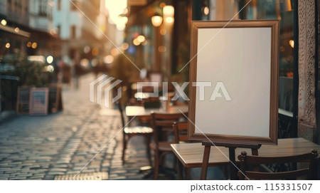 Cafe board mockup. Blank menu signboard, coffee shop white frame billboard. Outside business poster sign. Street outdoor marketing advertising. Empty restaurant template Cafe board mockup. Blank menu signboard, coffee shop white frame billboard. Outside business poster sign. Street outdoor marketing advertising. Empty restaurant template 115331507