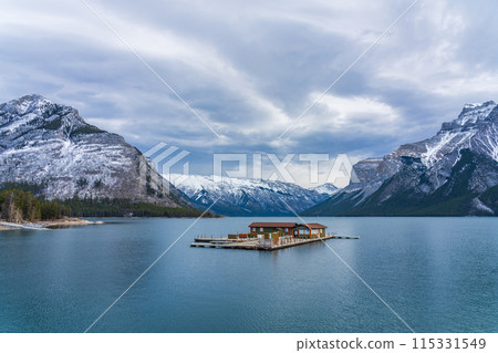 Lake Minnewanka cruise ticket office in early winter. Banff National Park, Canadian Rockies, Alberta, Canada. 115331549