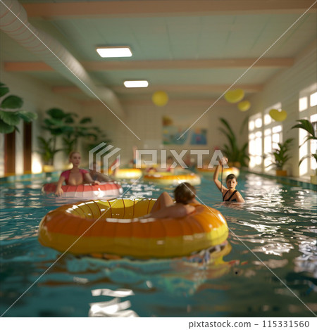 Children playing on a floating boat in the pool 115331560