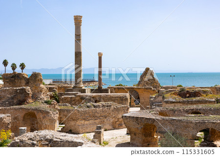 Roman Baths of Antoninus ruins in Carthage on seashore, Tunisia 115331605