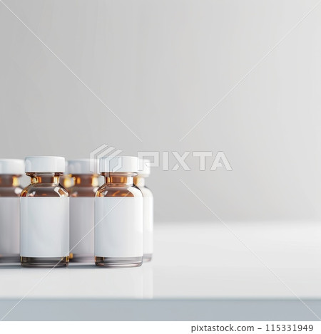 Medical pharmacy theme: empty clean bottles, containers, vials for advertising, presentation banners with copy space, showcasing pharmaceutical products mockup  115331949