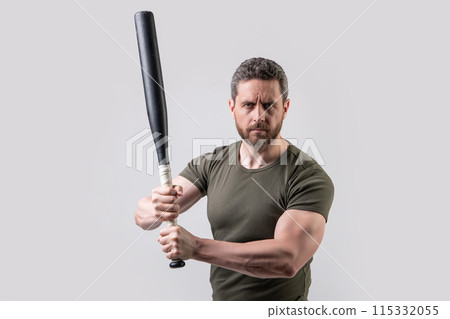 aggression of man hold bat in studio. photo of man with aggression. man with aggression 115332055