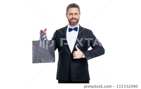 studio shot shopper man was at shopping sale, thumb up. purchase of shopper man on shopping sale studio shot shopper man was at shopping sale, thumb up. purchase of shopper man on shopping sale 115332090
