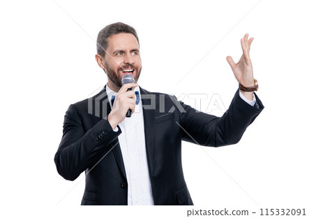 cheerful speaker man with microphone. man speaker wear tuxedo in studio. speaker man speaking cheerful speaker man with microphone. man speaker wear tuxedo in studio. speaker man speaking 115332091