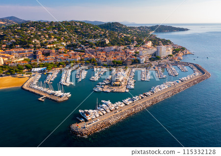 View from drone of Sainte-Maxime townscape on Mediterranean coast with port View from drone of Sainte-Maxime townscape on Mediterranean coast with port 115332128