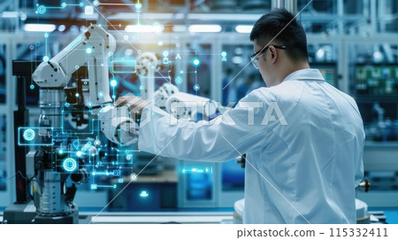 Technician overseeing machines and data on a digital interface in an advanced manufacturing facility. Smart factory automation 115332411