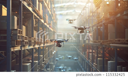 Robotic drones flying above a smart warehouse, scanning and organizing inventory efficiently. Smart factory automation 115332425