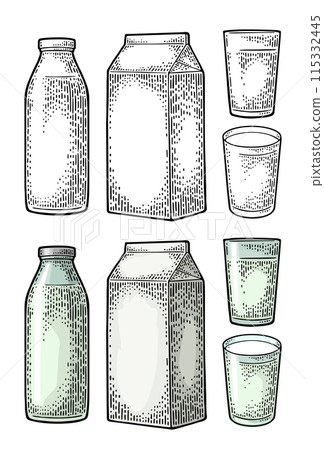 Milk box carton package, glass and bottle. Vector engraving Milk box carton package, glass and bottle. Vector engraving 115332445