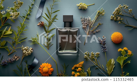 Floral Arrangement With Glass Perfume Bottle on a Blue Background 115332465