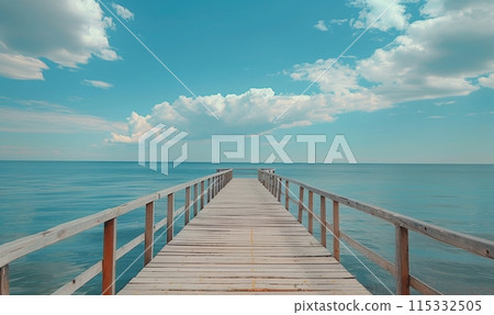 Wooden Dock Extending Into Calm Ocean Waters on a Sunny Day 115332505