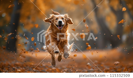 Golden Retriever Jumping Through Fall Foliage 115332509
