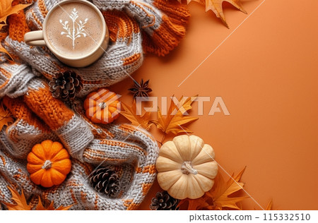 Warm Autumn Latte With Pumpkin and Knitted Scarf 115332510