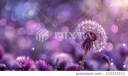 A Single Dandelion Bloom in a Field of Purple Flowers With a Bokeh Background 115332511